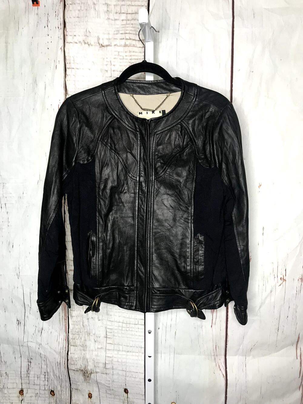mike gonzalez leather contrast knit long sleeve zip up jacket